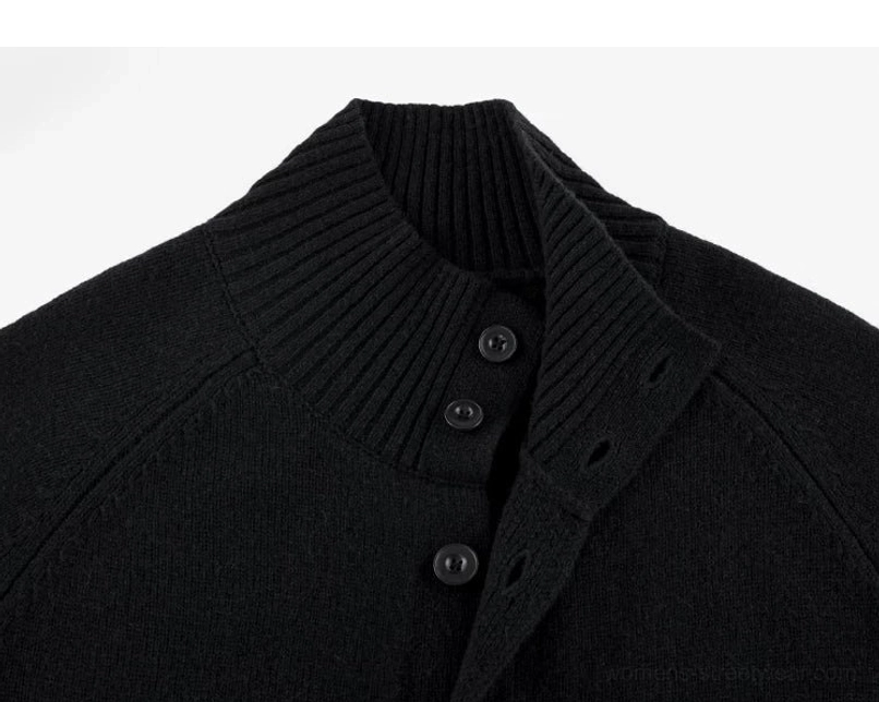 Black women's stand collar wool cocoon cardigan with tonal button front and relaxed raglan sleeves