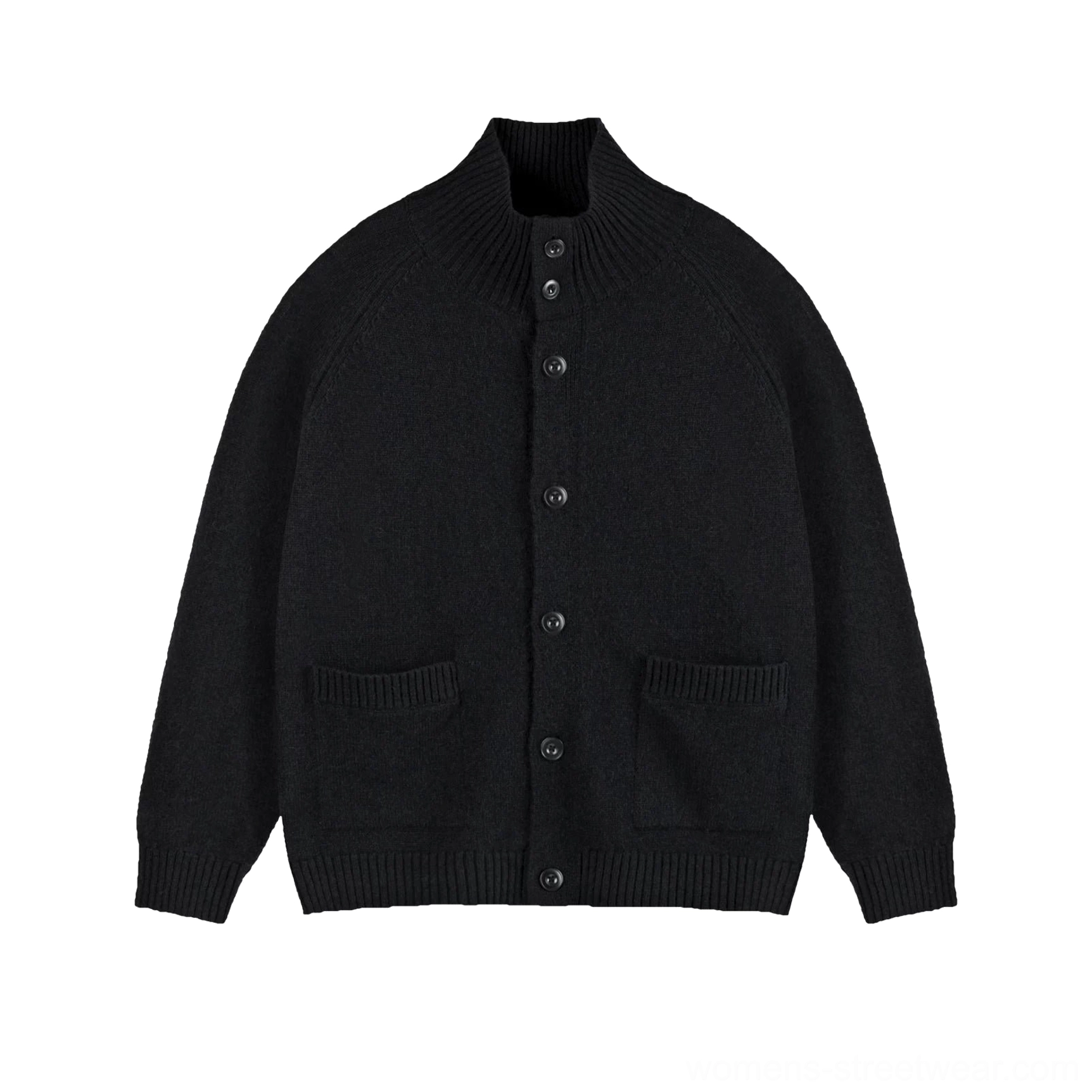 Black women's stand collar RWS wool cocoon cardigan with button closure patch pockets and ribbed finish