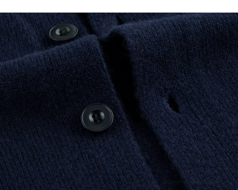 Tonal button placket close-up on dark blue women's stand collar RWS wool cardigan