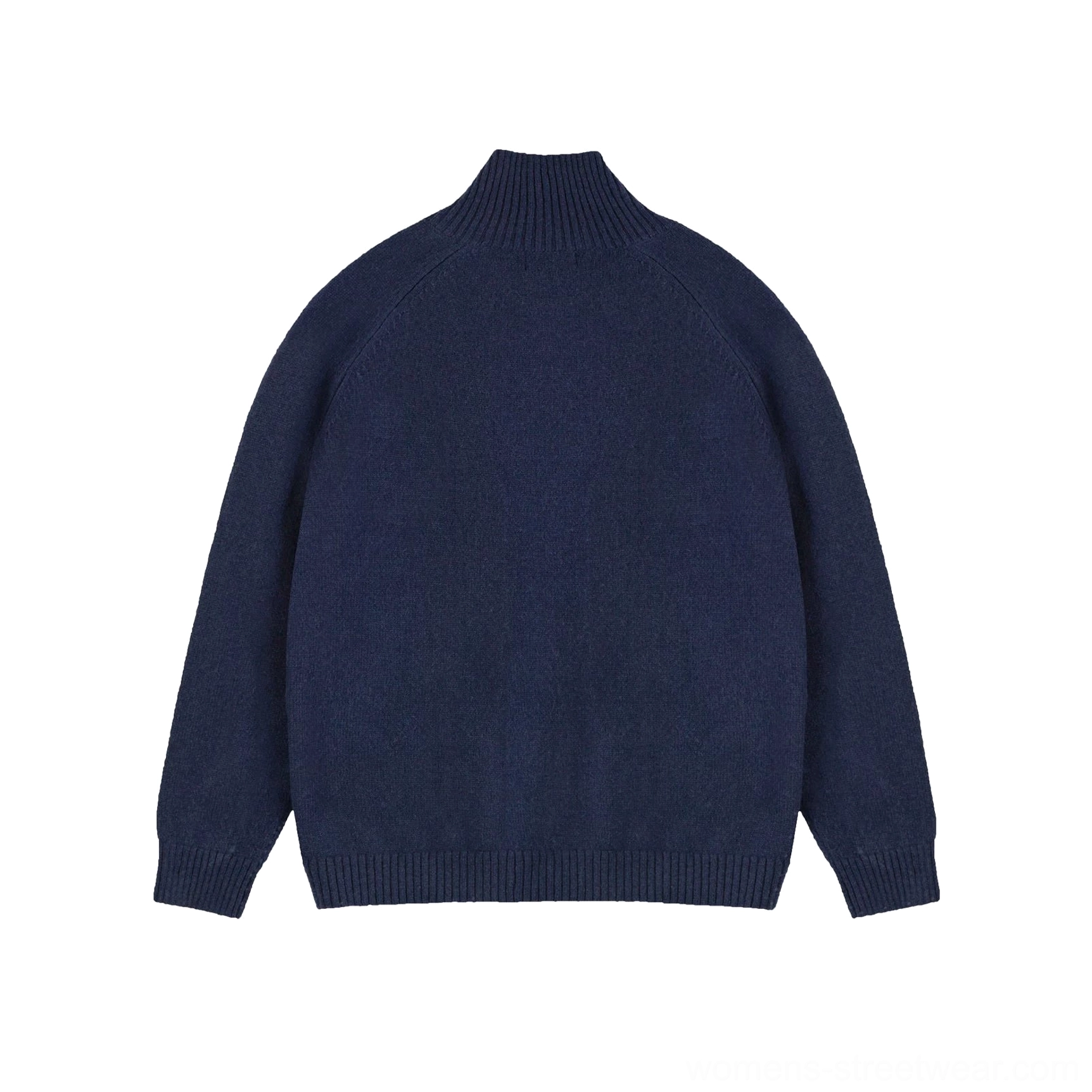 Dark blue stand collar wool cocoon cardigan for women shown from the back with raglan sleeves and ribbed hem