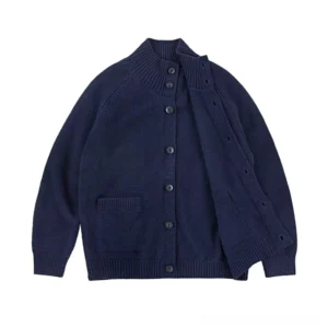 Dark blue women's stand collar RWS wool cocoon cardigan with button front patch pockets and ribbed hem front view