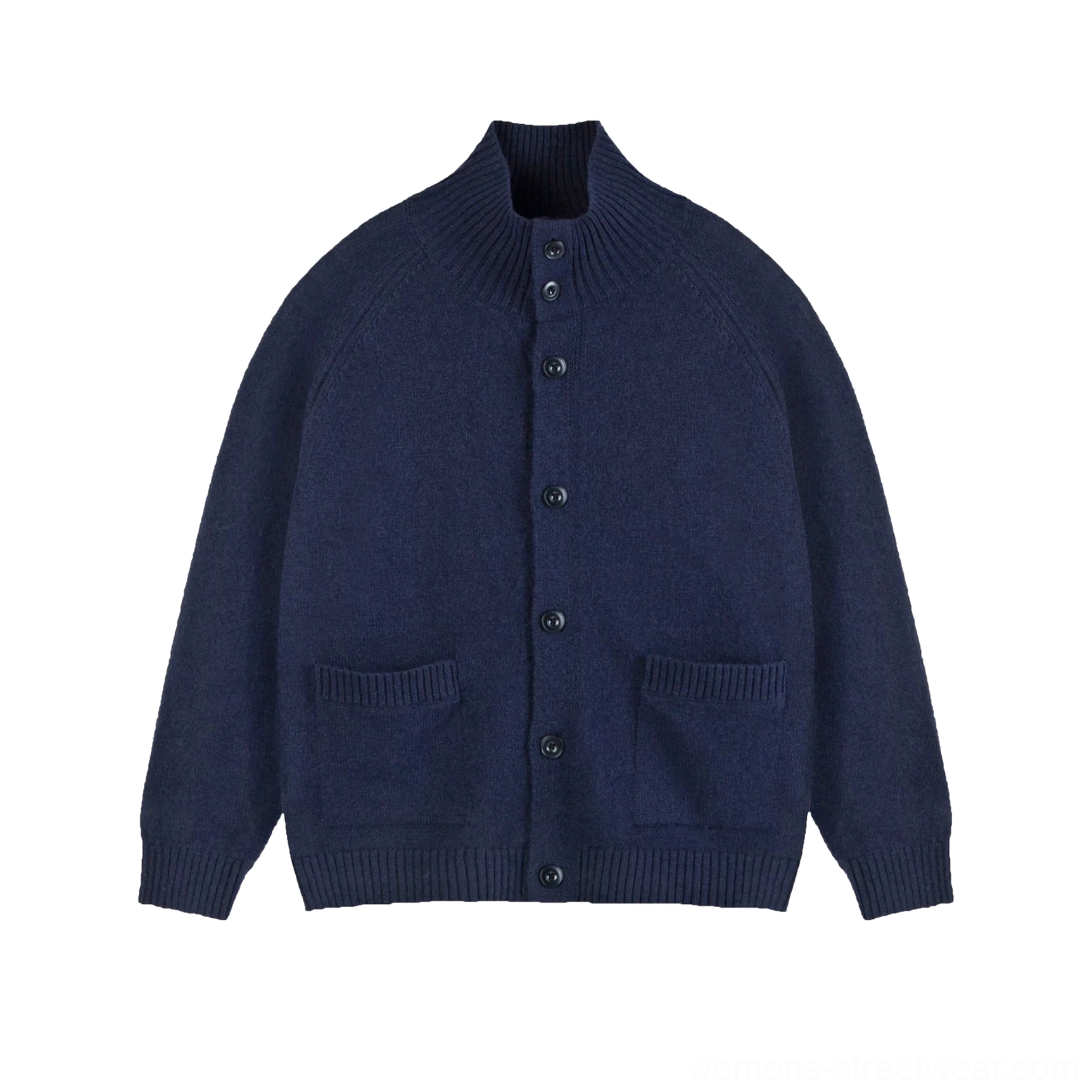Dark blue women's stand collar RWS wool cocoon cardigan with patch pockets and ribbed trim
