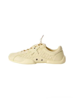 Yellow cream women's star lace low-profile leather-look trainers with woven panels and retro streetwear styling