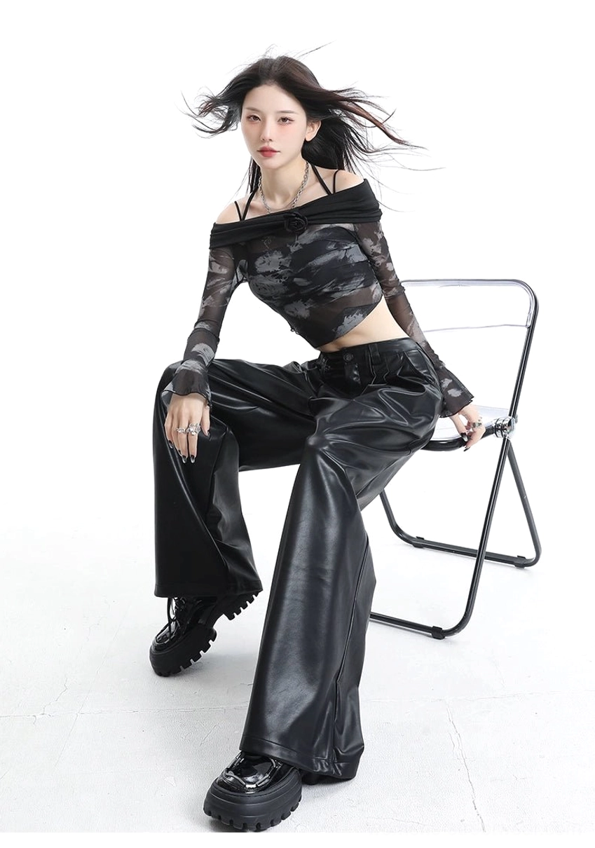 Women’s statement coffee brown PU leather streetwear pants designed for layered Korean fashion and urban outfits