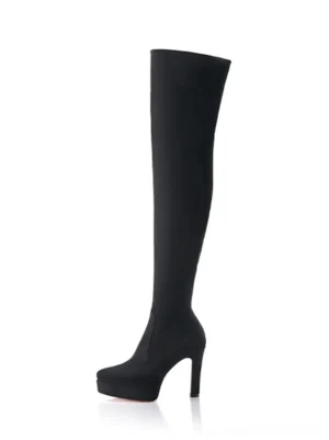 Black stretch suede over-the-knee platform stiletto boot shown in left profile on a clean white background