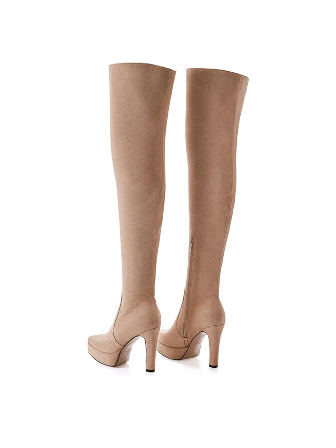 Women's stretch suede over-the-knee platform stiletto boots presented in a detailed product view