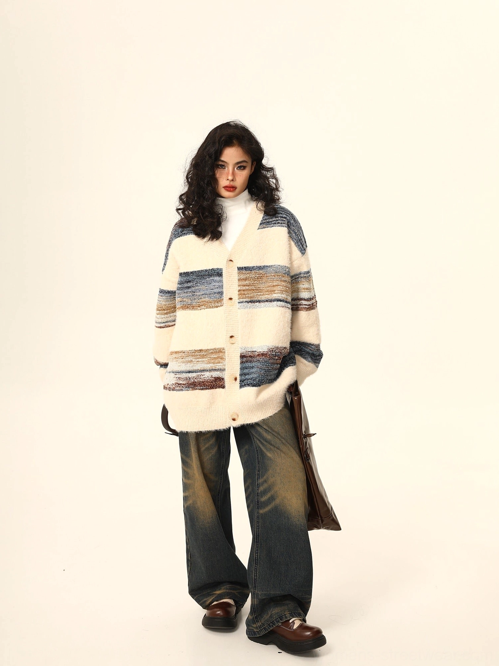 Women's striped mohair cardigan with loose long sleeves gradient horizontal stripes V-neck buttons and wide-leg jeans