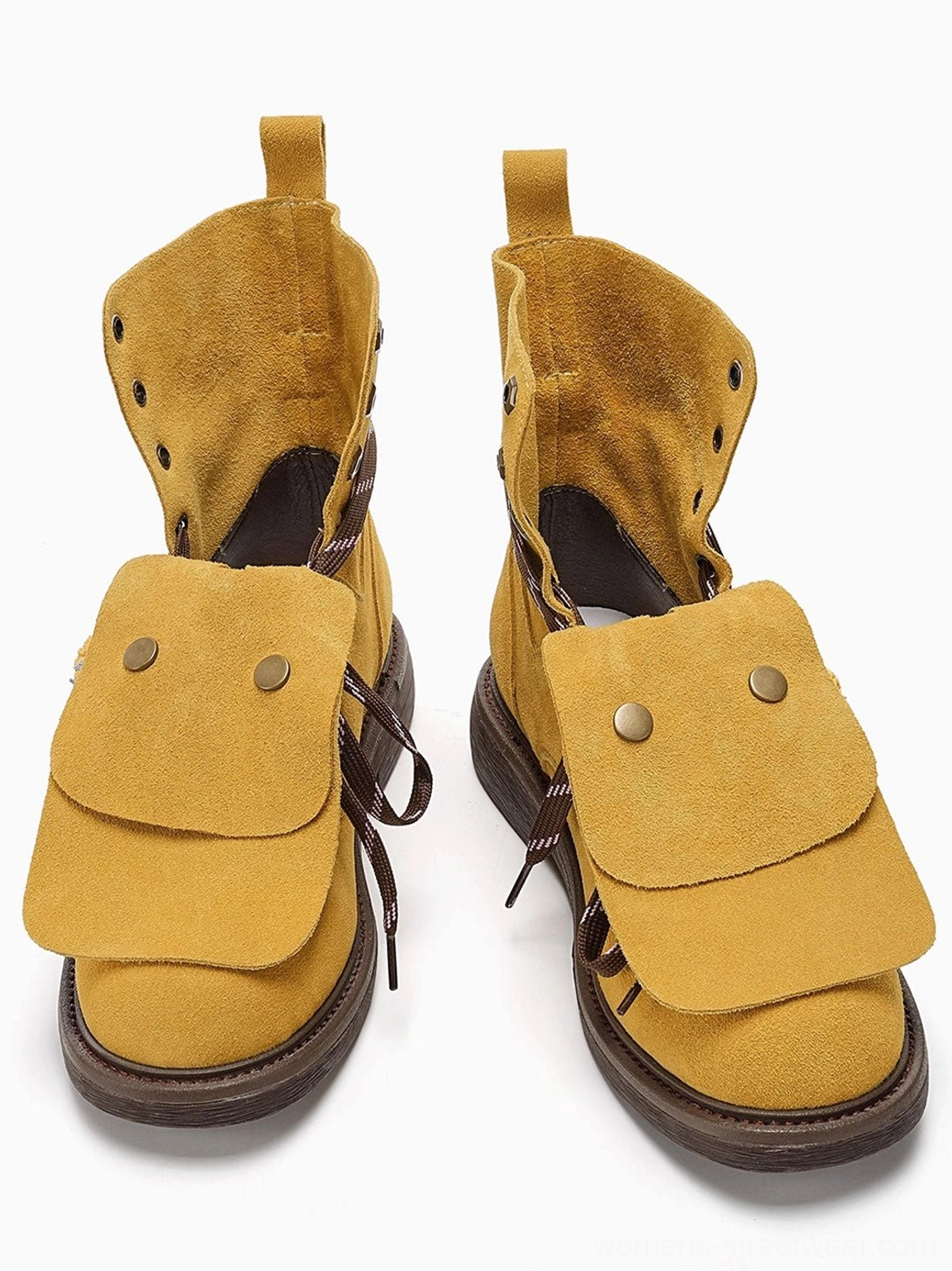 Women's suede-look ankle boots with foldover button flaps, braided tassel laces, rounded toes, and low chunky streetwear soles