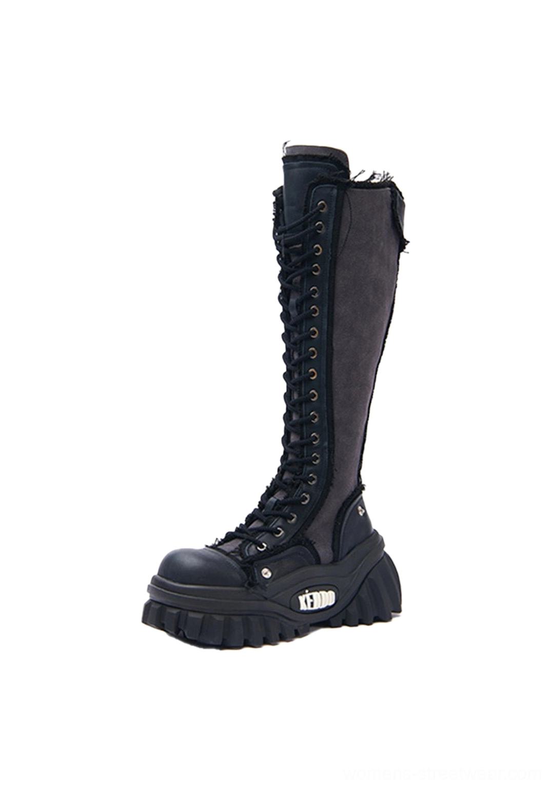 Black women’s tall lace-up platform riding boots with knee-high shaft frayed trim and chunky lug sole