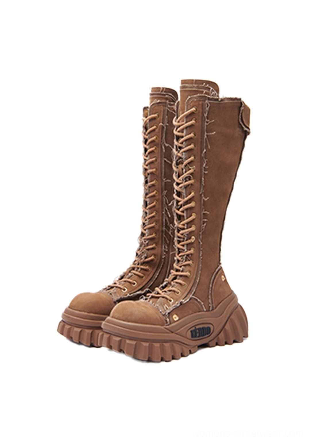 Pair of brown tall lace-up platform riding boots with frayed trim side zippers and lug outsole