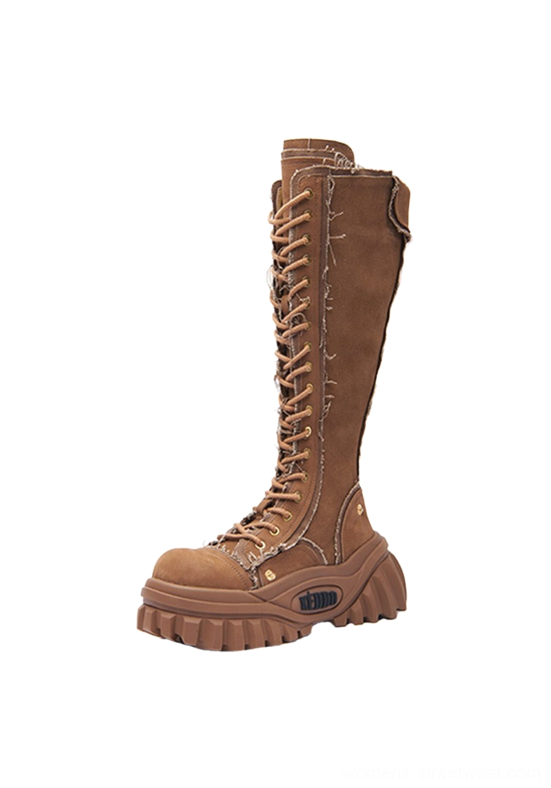 Brown women’s knee-high lace-up platform riding boot right side profile showing treaded platform sole