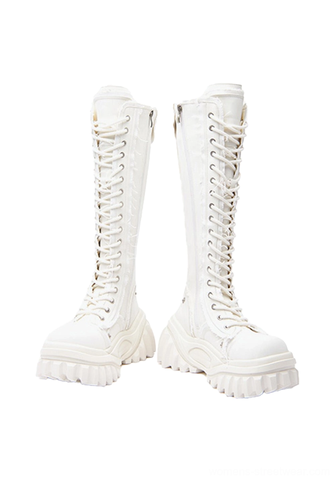 Women’s tall lace-up platform riding boots product detail showing the elevated lug platform construction