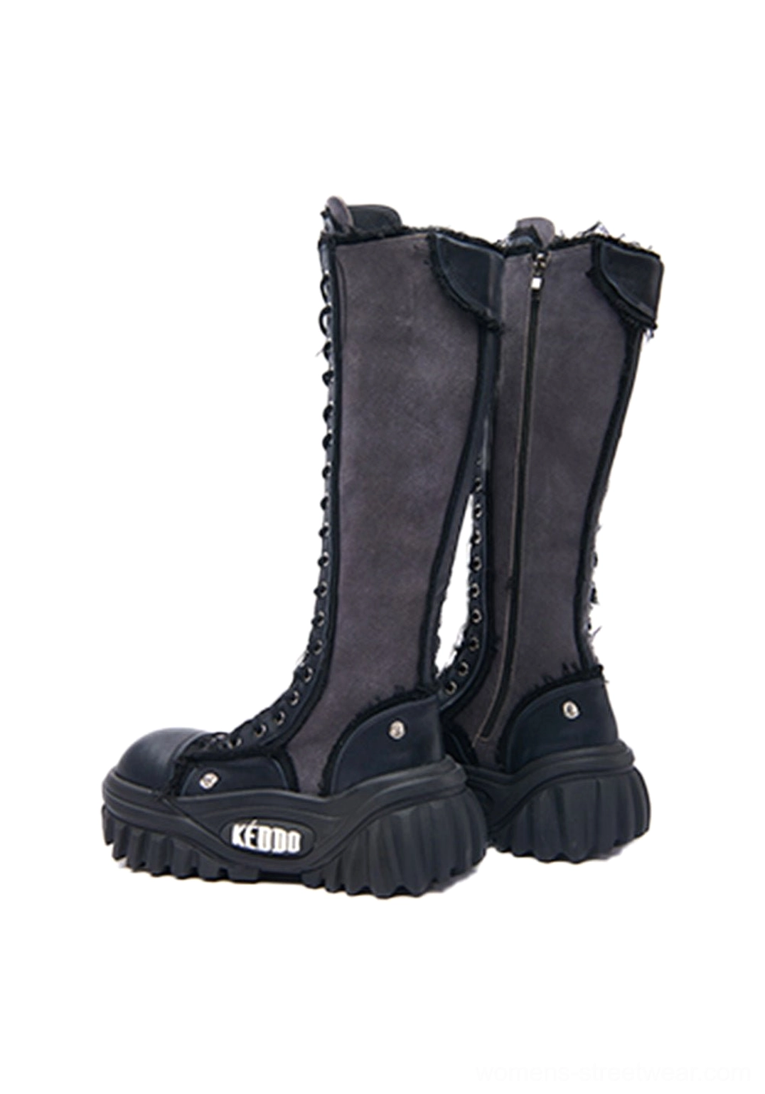 Women’s tall lace-up platform riding boots editorial product view for punk Y2K streetwear styling