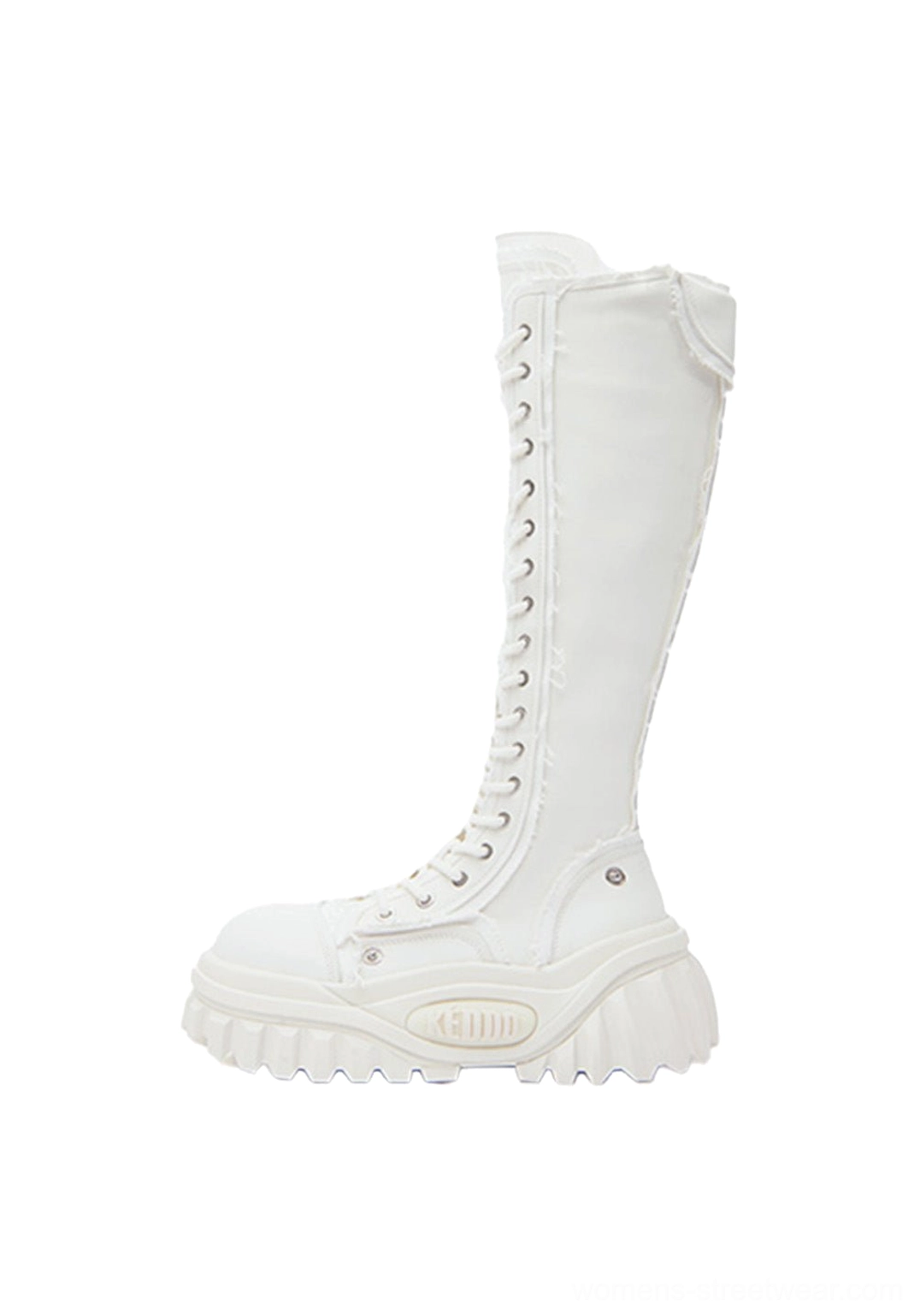 White women’s tall lace-up platform riding boot side profile with canvas shaft and chunky ridged sole