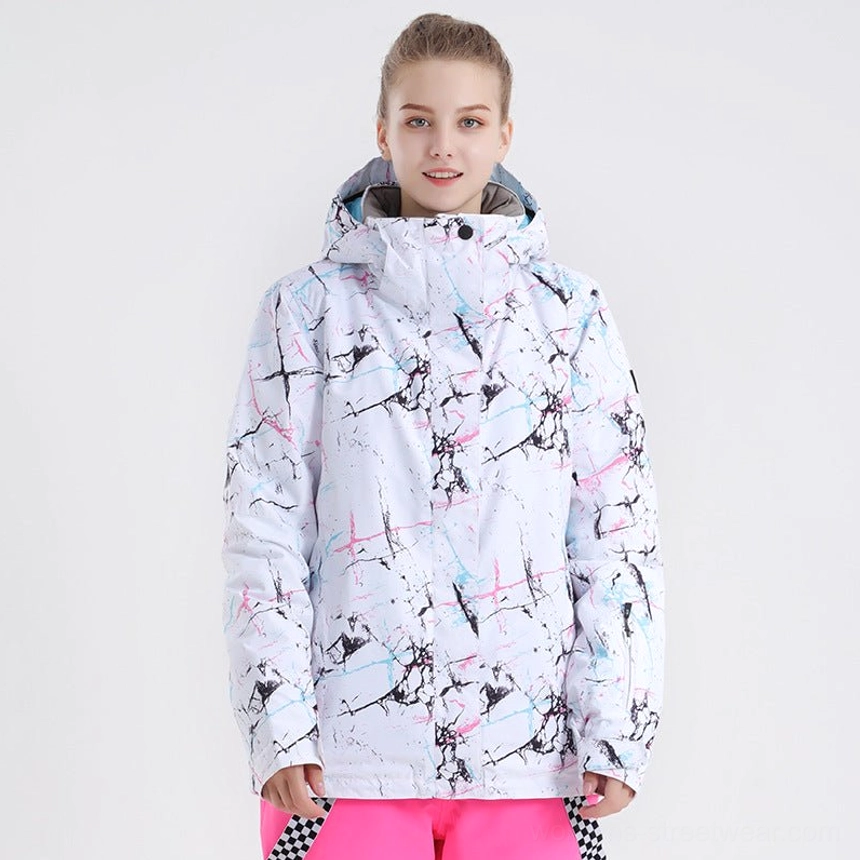 Women’s technical snow shell jacket featuring a white black and pink marble nebula print hooded collar and streetwear ski styling