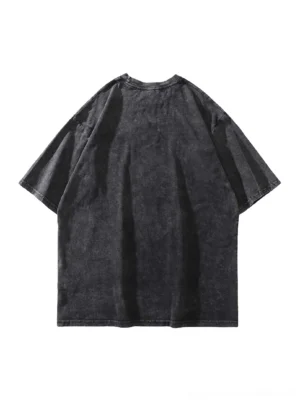 Back view of a women's vintage acid-washed black hip-hop T-shirt showing the plain relaxed short-sleeve streetwear silhouette