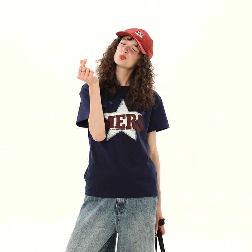 Women's dark blue vintage MERS star varsity graphic tee product image with short sleeves and crewneck