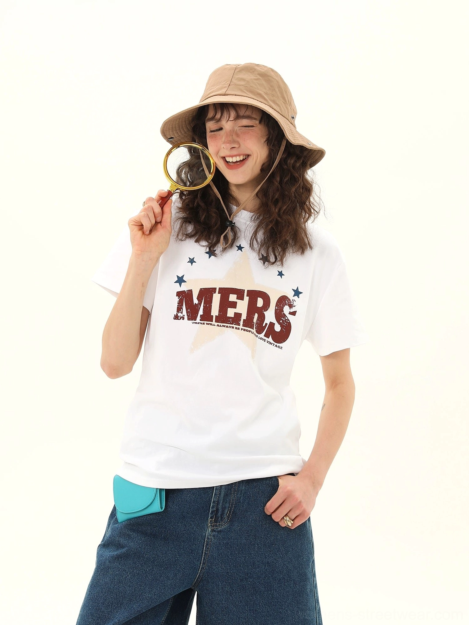 Women's vintage MERS star varsity graphic tee product detail view showing the retro streetwear design