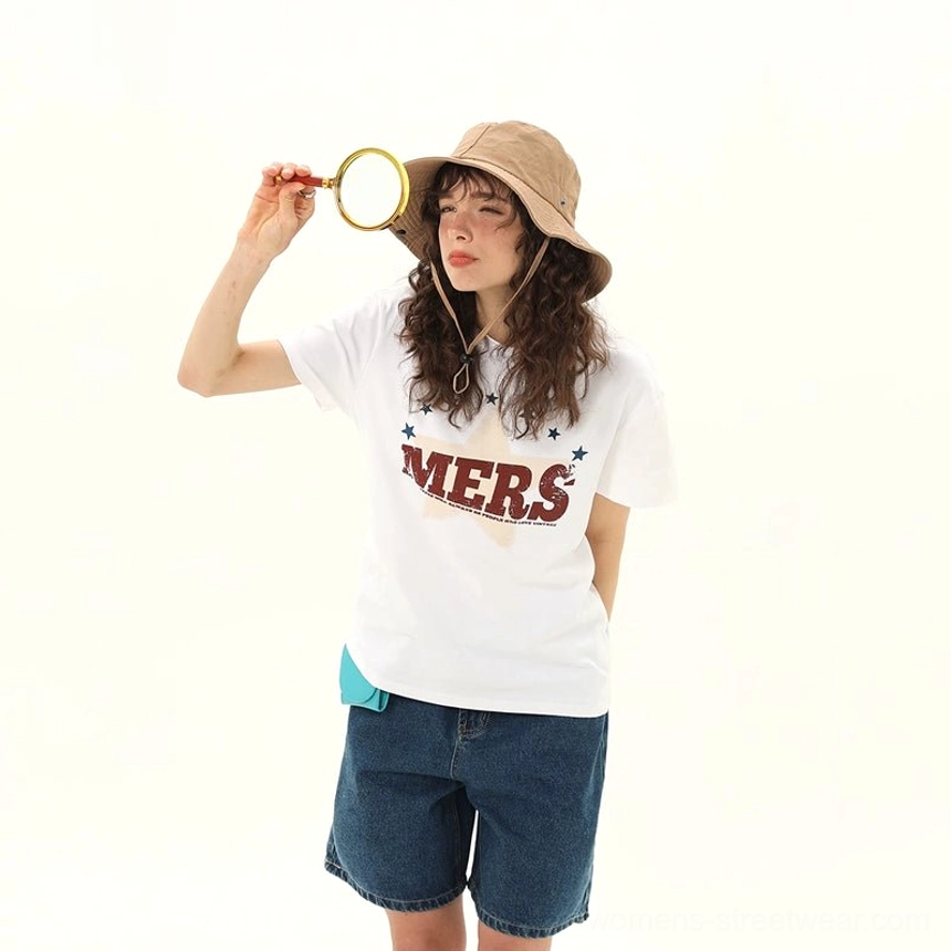 Women's white vintage MERS star varsity graphic tee product image with retro distressed star chest graphic