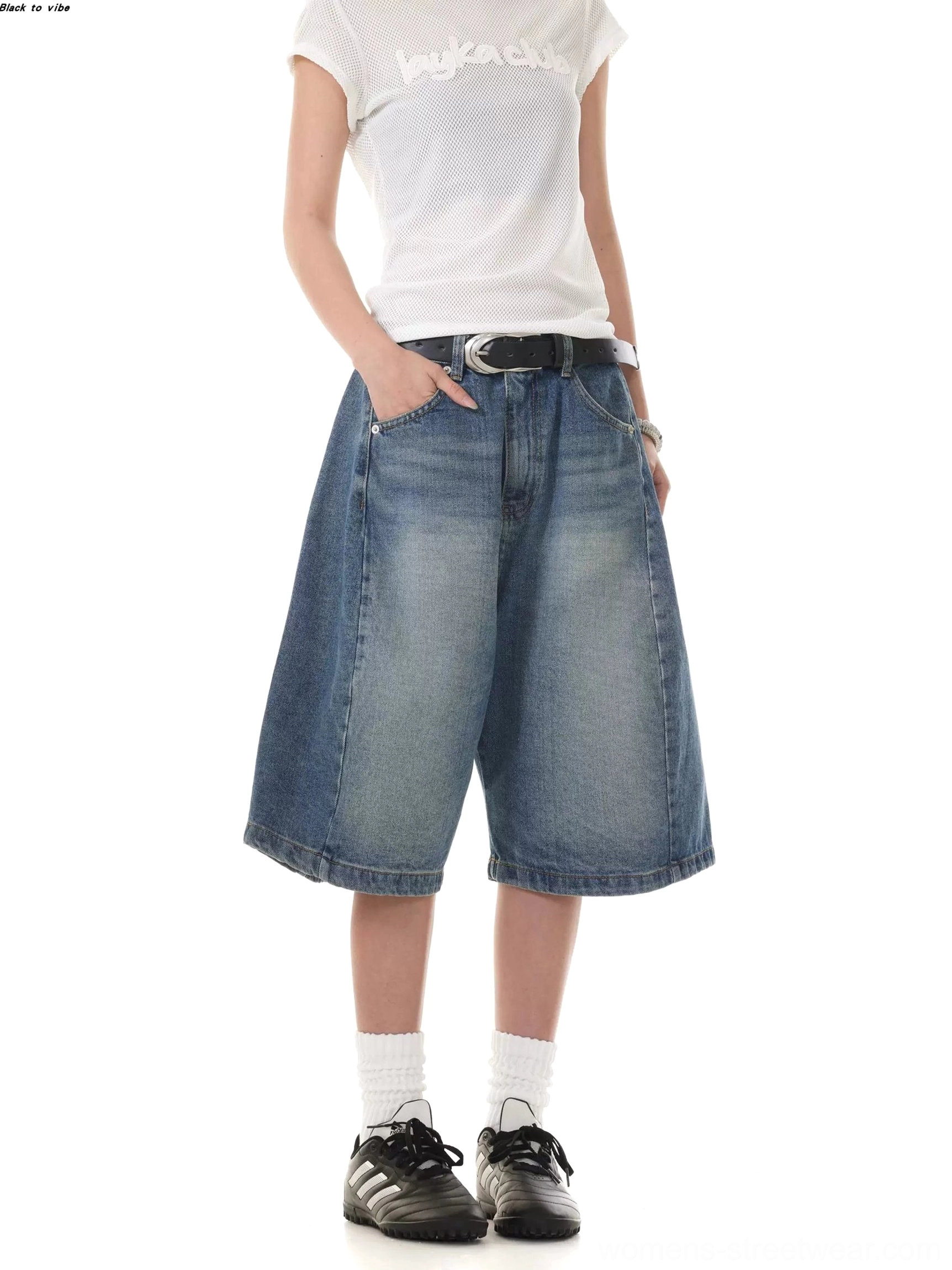 Women's washed blue denim Bermuda shorts with loose wide-leg tailoring, belt loops, low-rise waistband, and casual Korean streetwear styling