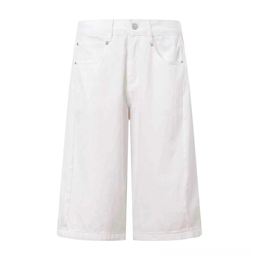 Flat lay of solid white women's denim Bermuda shorts with a clean wide-leg knee-length silhouette and minimalist summer streetwear design