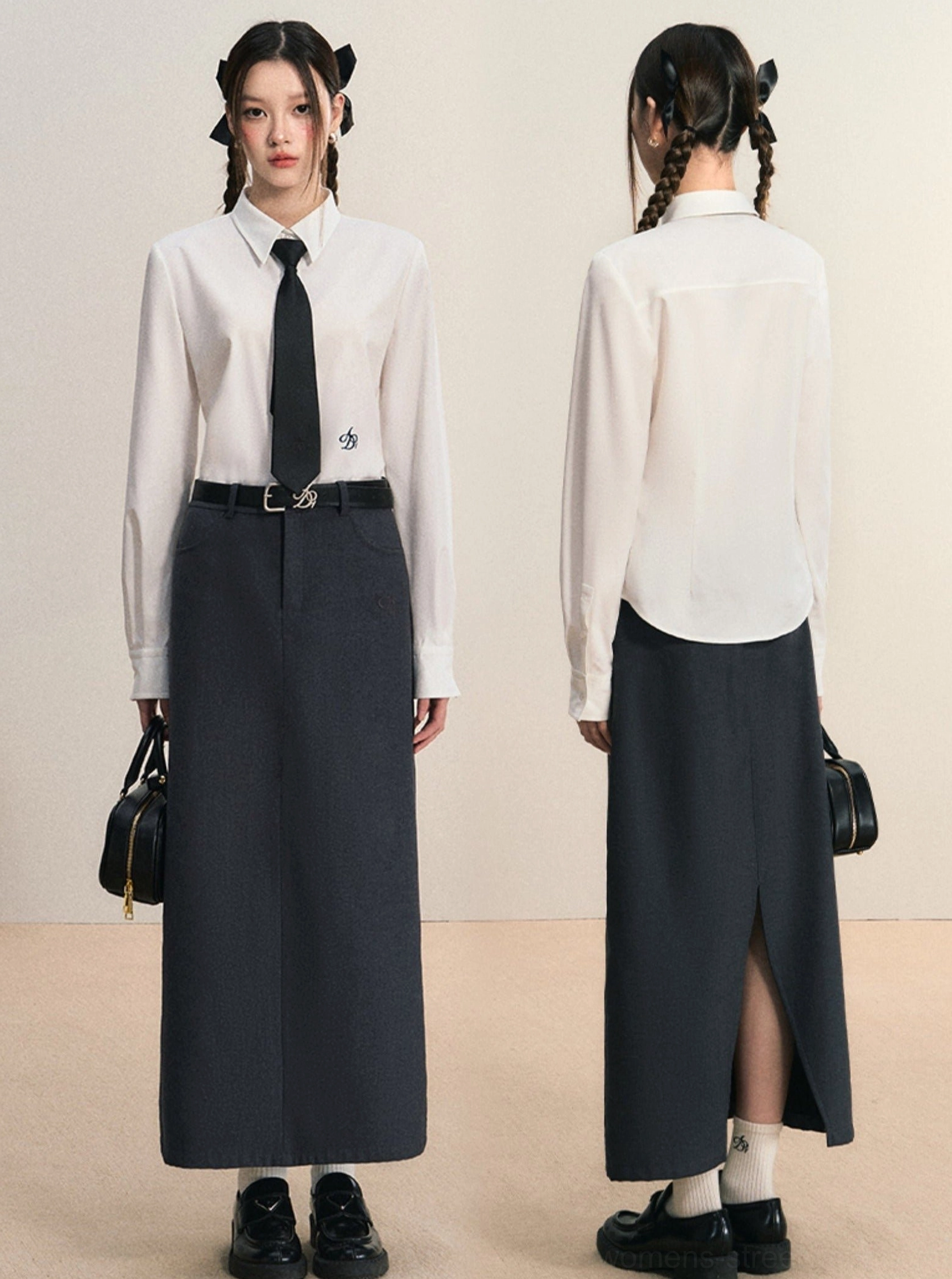 Front and back product view of white women's long sleeve pointed collar button down shirt with subtle embroidered hem detail