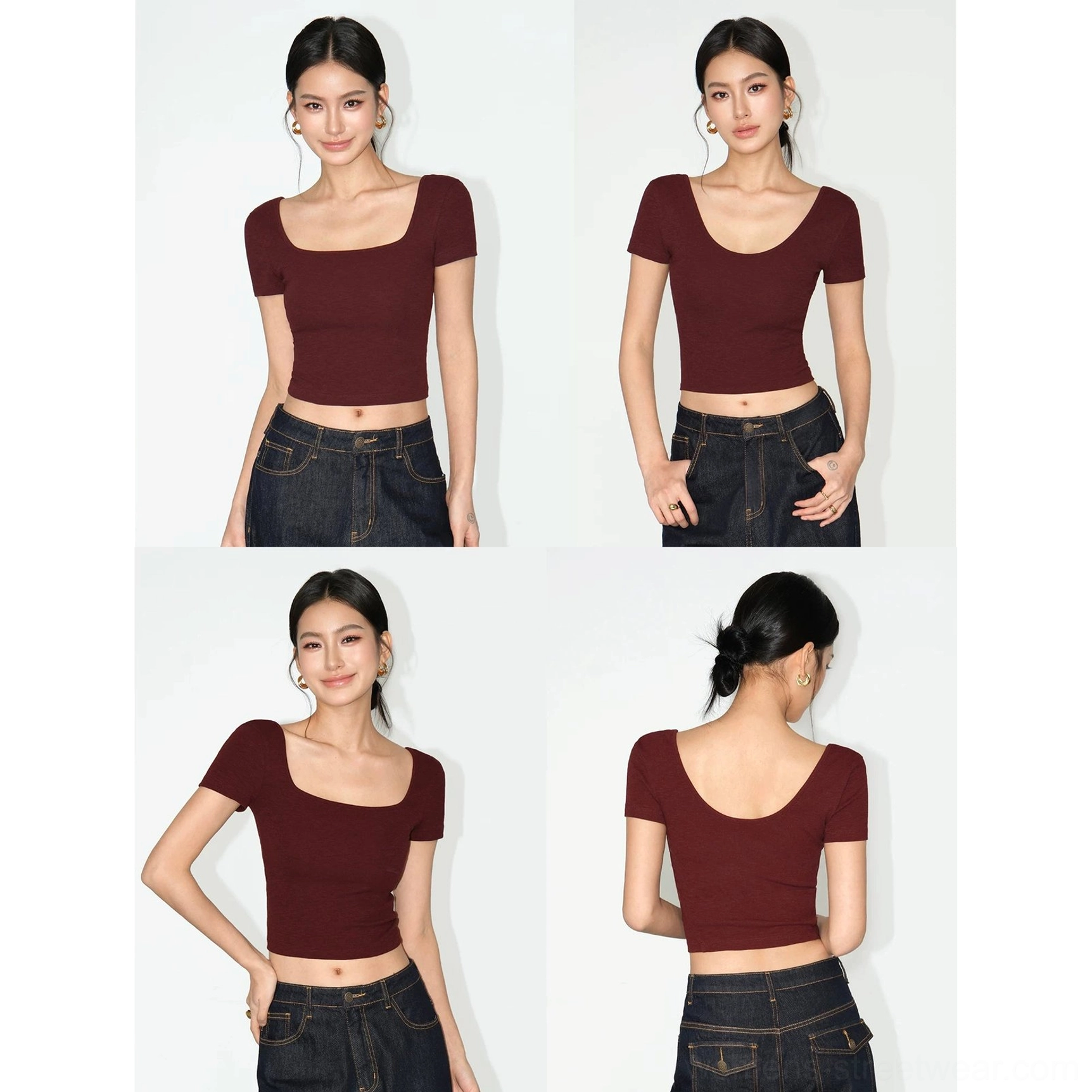 Women's wine red square neck cropped ribbed tee with sculpted fit for Y2K and Seoul streetwear outfits
