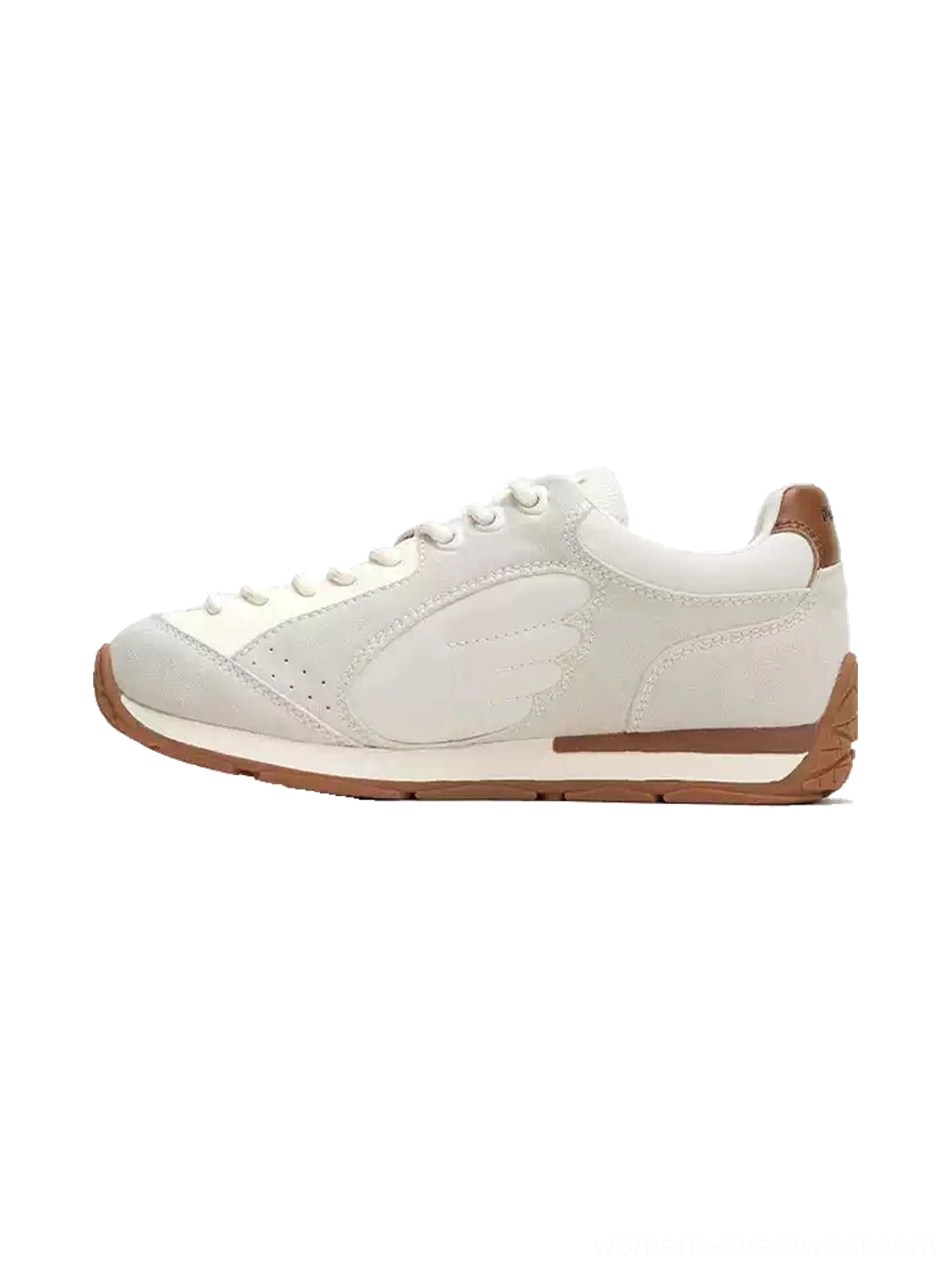 Women's gray white wing panel retro court sneakers with brown heel accent and gum rubber sole left side product view