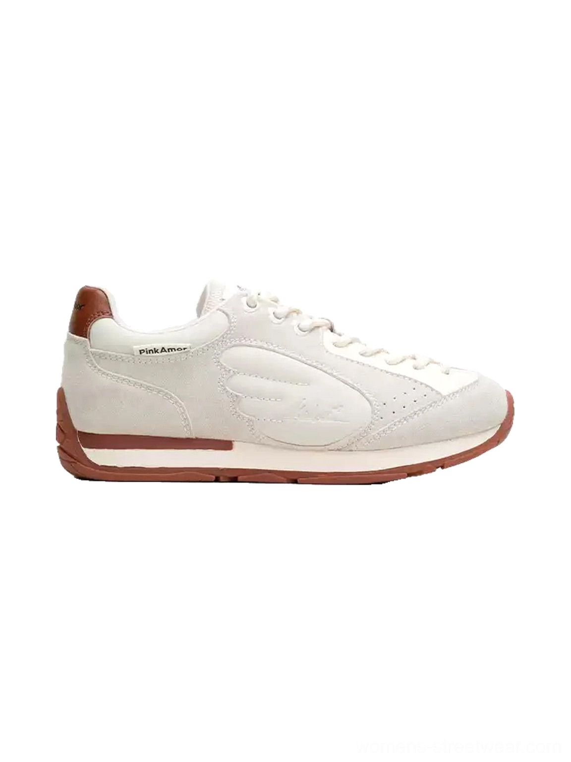 Women's gray white wing panel retro court sneakers with brown heel counter and gum sole right side product profile view