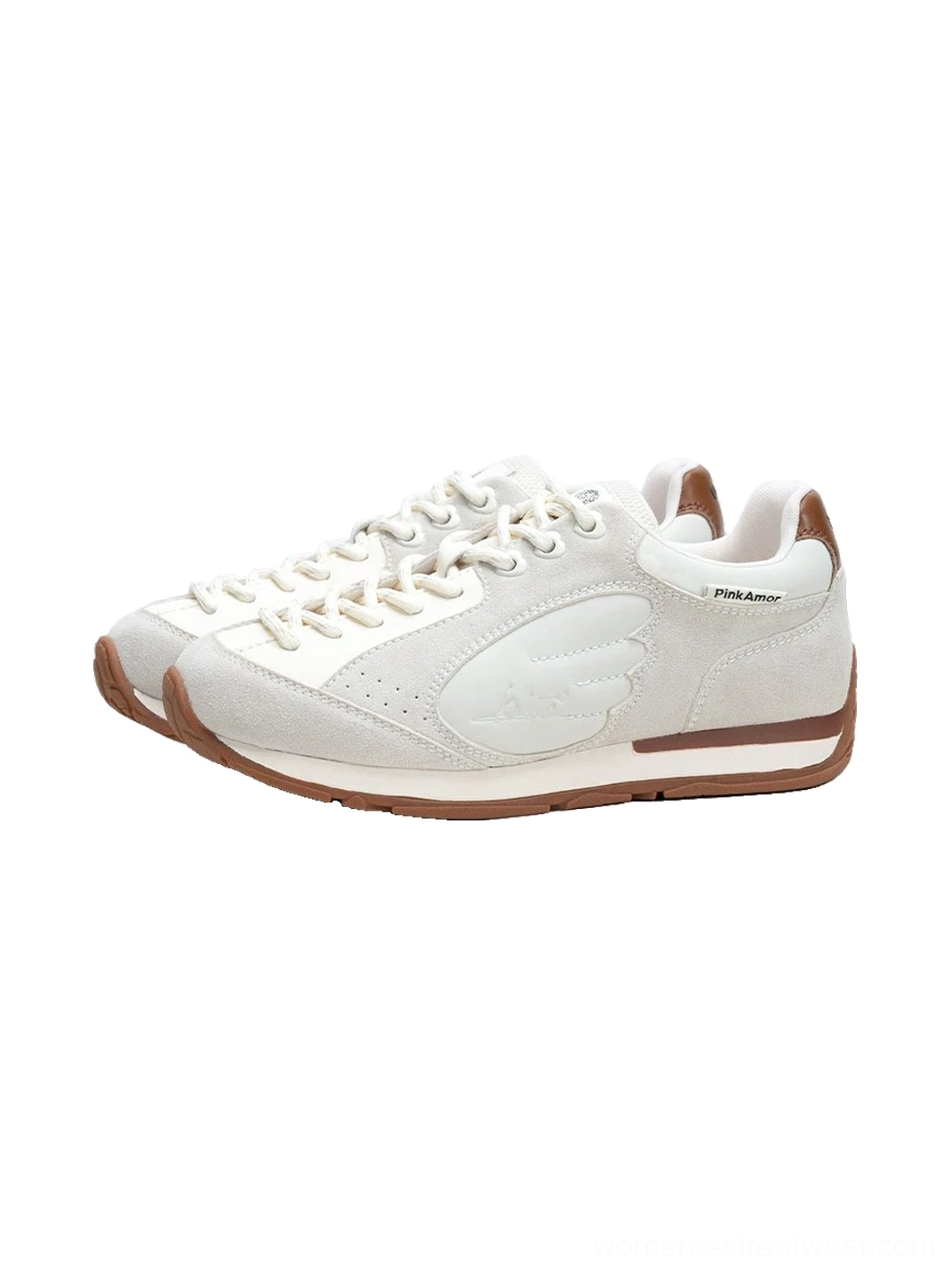 Women's gray white wing panel retro court sneakers with low top silhouette and textured gum sole product detail view