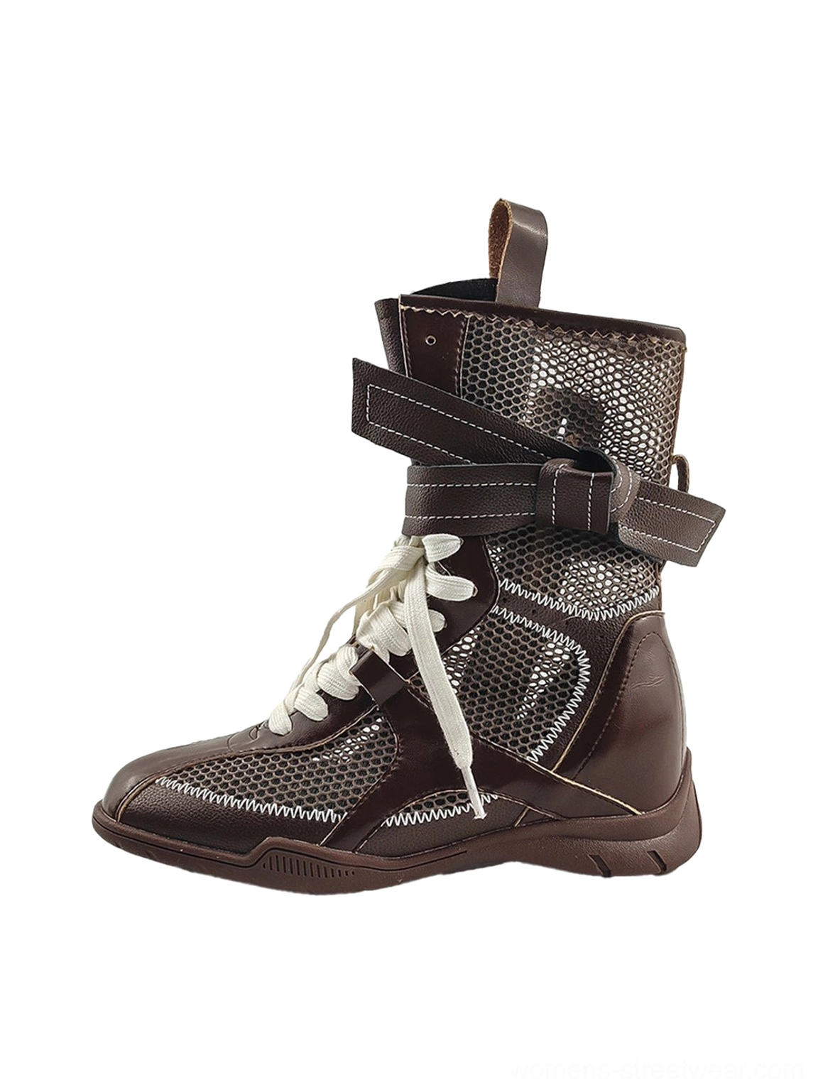 Brown women's bow lace-up mesh mid-calf sport boot shown in a left side three-quarter studio view with brown upper and rubber outsole