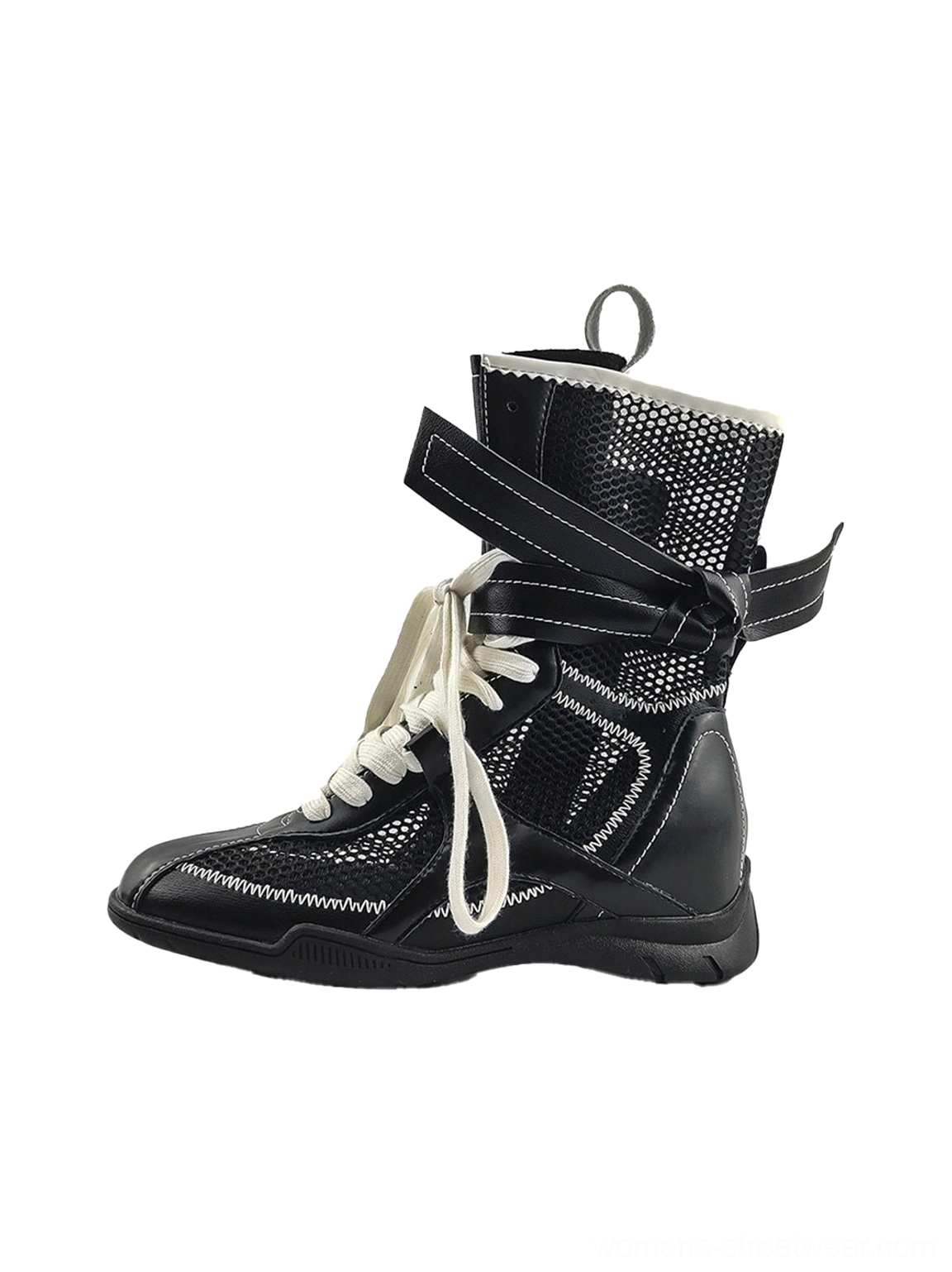 Women's mesh mid-calf sport boots with bow laces, layered straps, round toe, and sculpted rubber outsole for Korean streetwear styling
