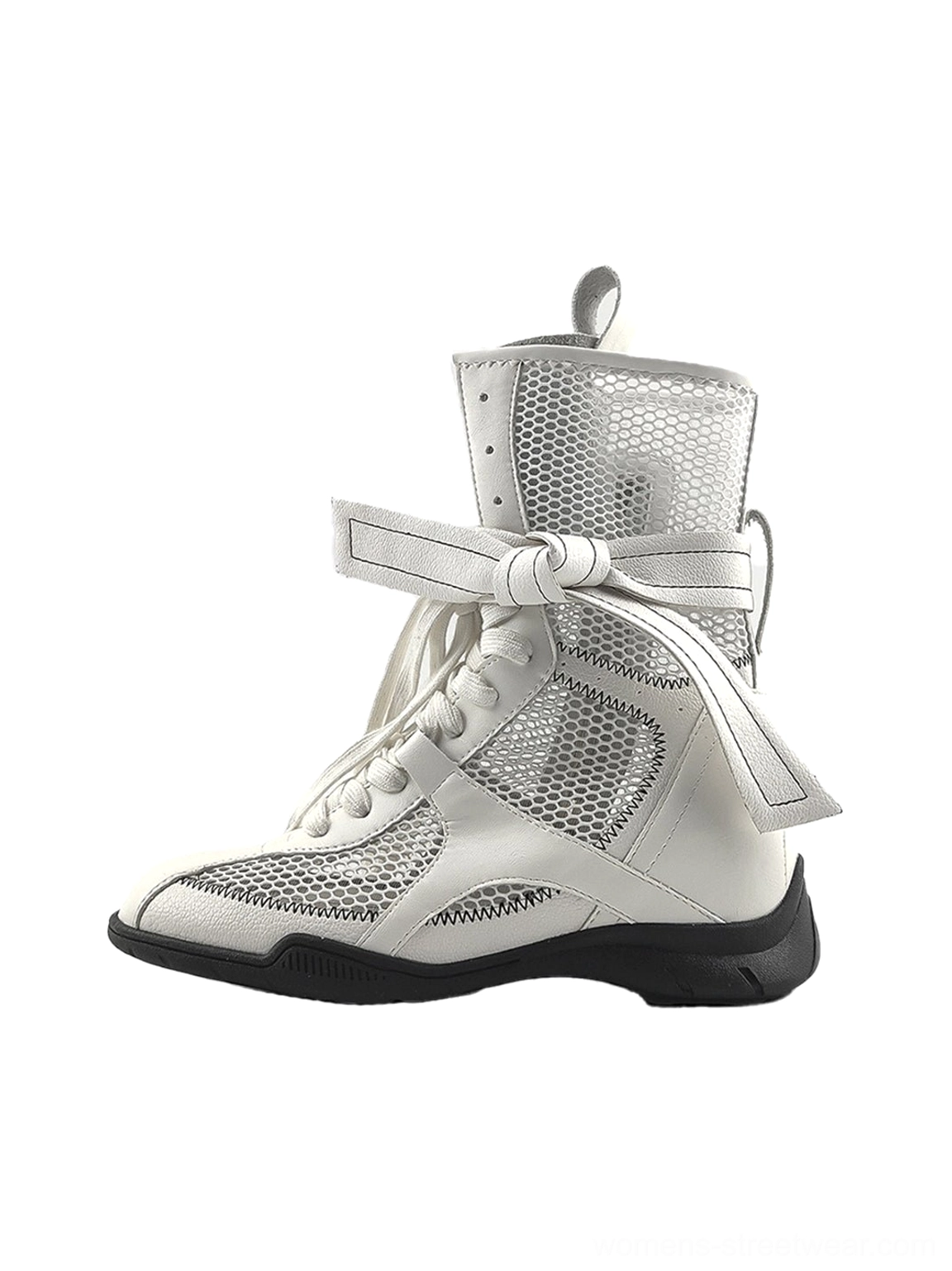 White women's bow lace-up mesh mid-calf sport boot shown in a left profile three-quarter studio view with leather trims, ankle bow strap, and black rubber outsole