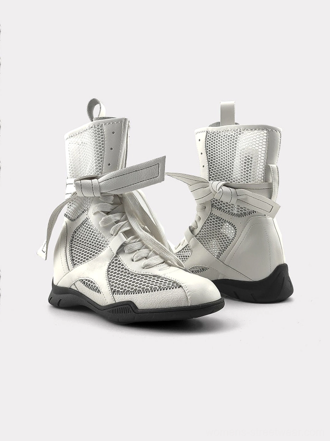 White bow lace-up mesh sport boot pair shown from the side with structured heels, pull tabs, layered straps, and sculpted soles
