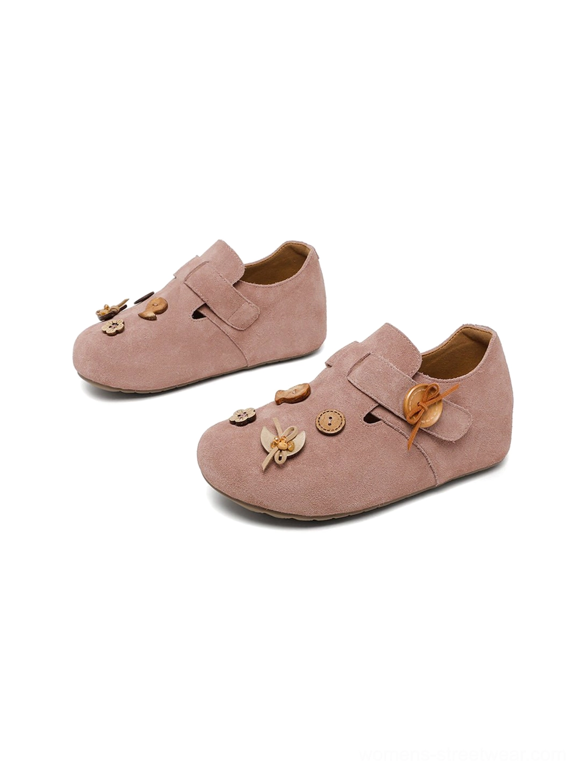 Decorative wooden-style button strap slip-on shoes in a soft suede-look finish for Acubi-inspired outfits