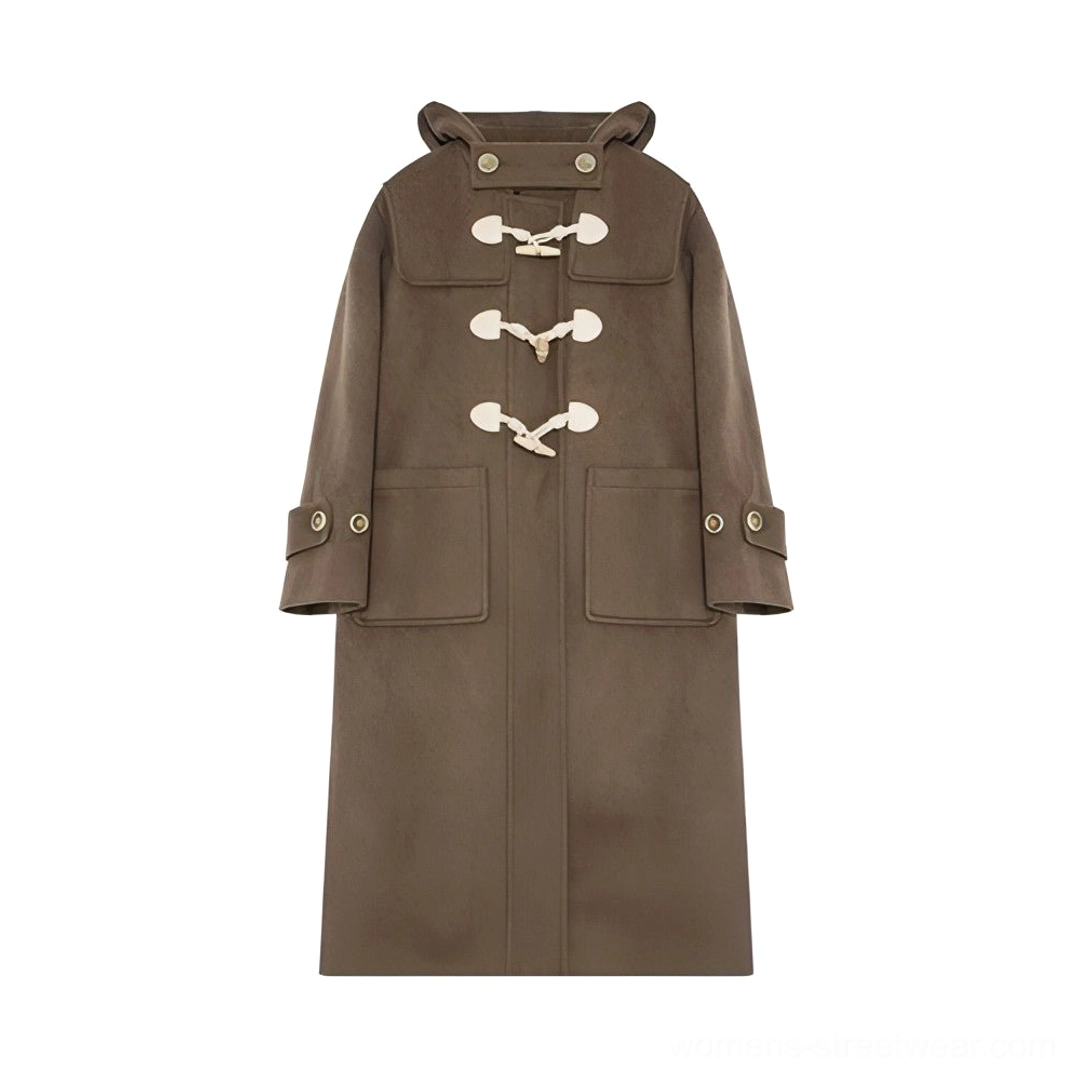 Wool duffle coat quality detail shot melton fabric weave and smooth finish visible