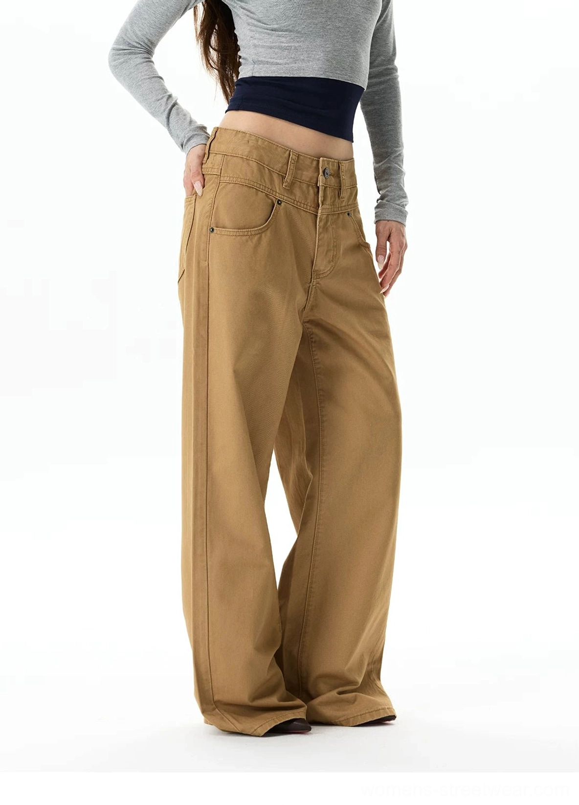Workwear-inspired wide-leg chino streetwear trousers with structured waistband, utility pockets, and durable cotton fabric