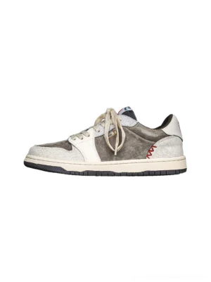 Worn-in suede leather retro skate streetwear sneakers in white and brown side profile product view