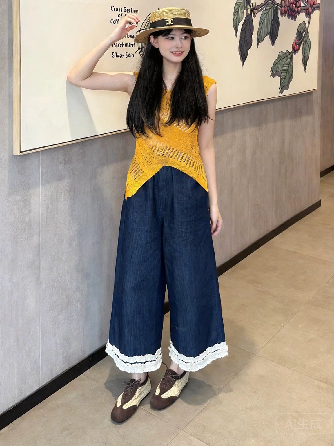 Woven leather German trainer sneakers styled with an asymmetrical yellow knit top and ruffled wide-leg denim pants in a modern fashion look