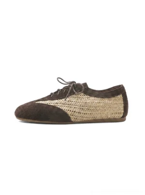 Woven leather German trainer sneakers in a two-tone brown and beige design with suede toe and heel panels, lace-up front, rounded toe, and low-profile streetwear sole