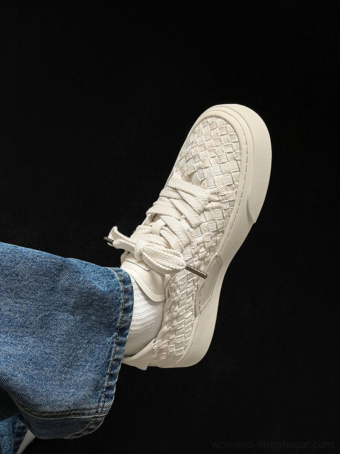 Woven platform sneakers back and side detail showing heel tab and contrast platform sole