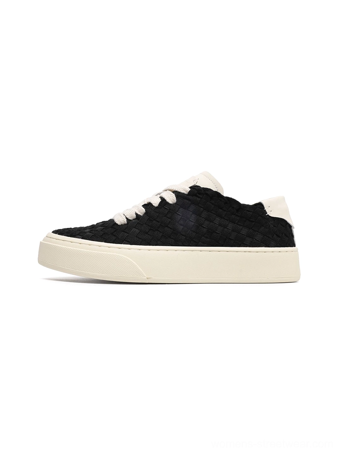 Black woven platform sneakers with braided texture upper, off-white rubber sole, and flat contrast laces side profile