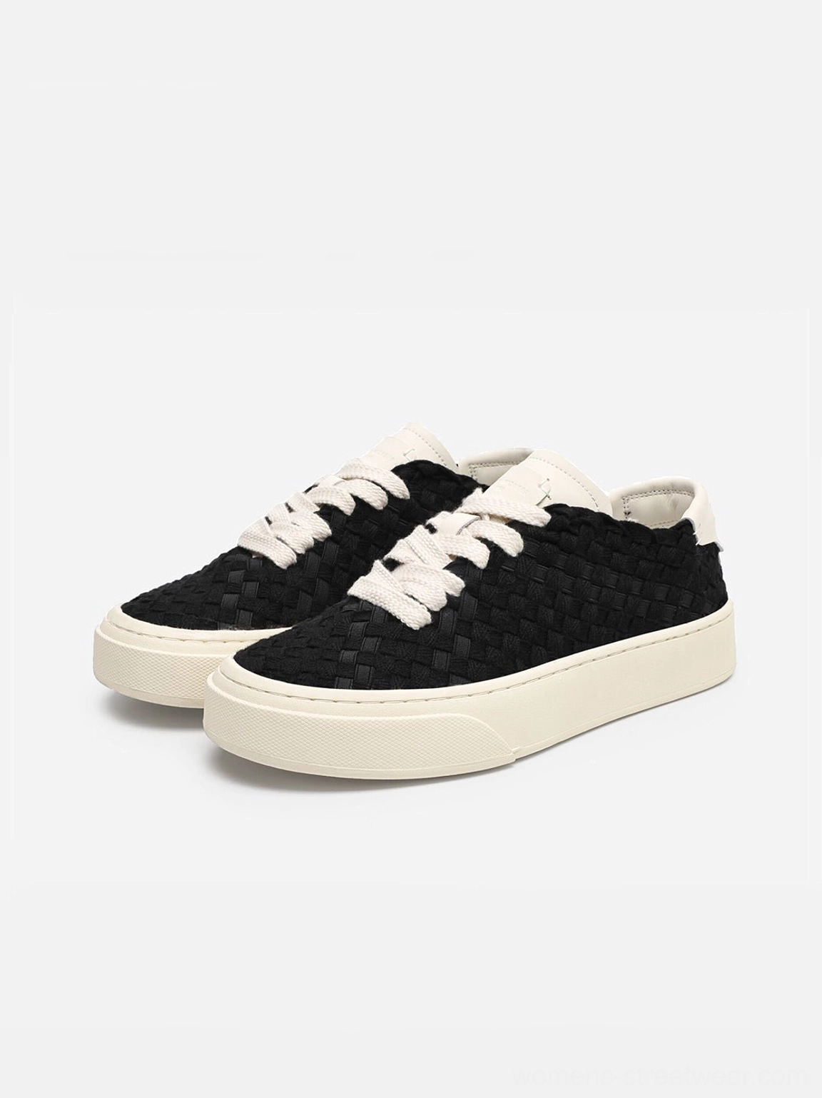 Black woven platform sneakers front three-quarter product view with off-white platform rubber sole