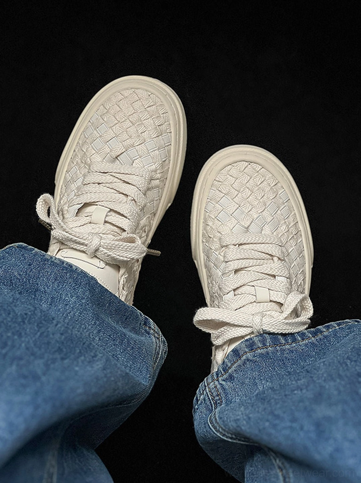 Woven platform sneakers fashion product detail with braided texture and rounded rubber outsole