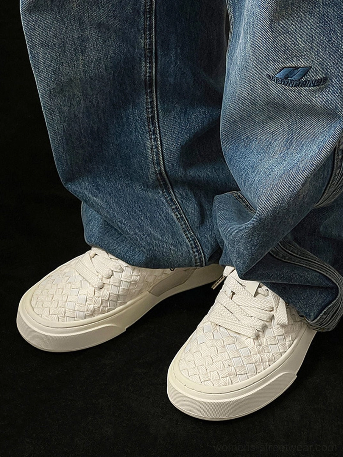 Woven platform sneakers casual streetwear shoe profile with wide flat laces and platform outsole
