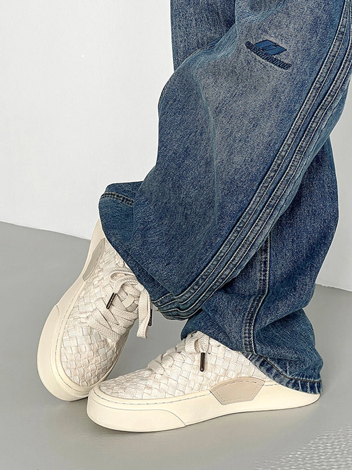 Woven platform sneakers elevated sole detail for Korean-inspired casual streetwear styling