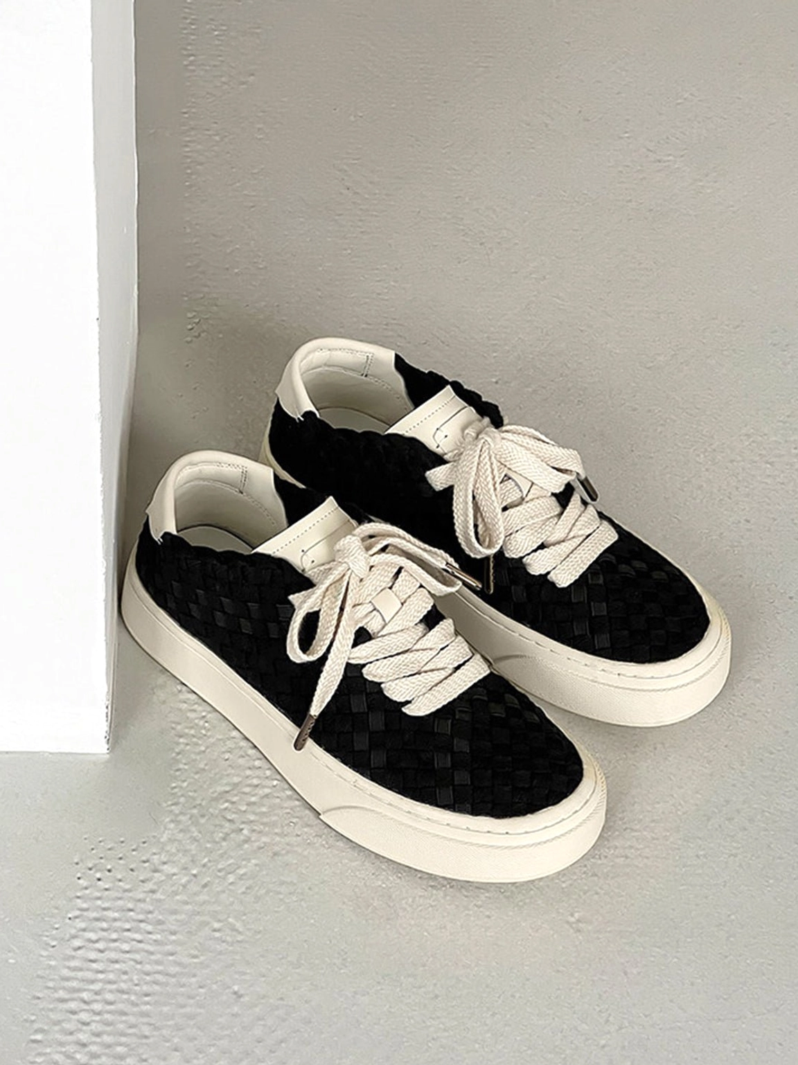 Woven platform sneakers lace-up design with braided-look upper and elevated casual sole