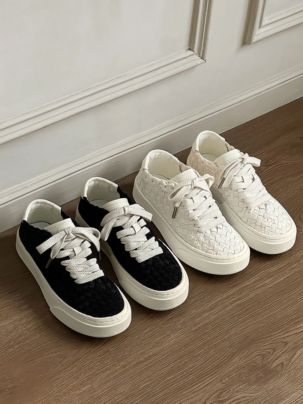 Woven platform sneakers front product view featuring round toe, flat laces, and raised sole