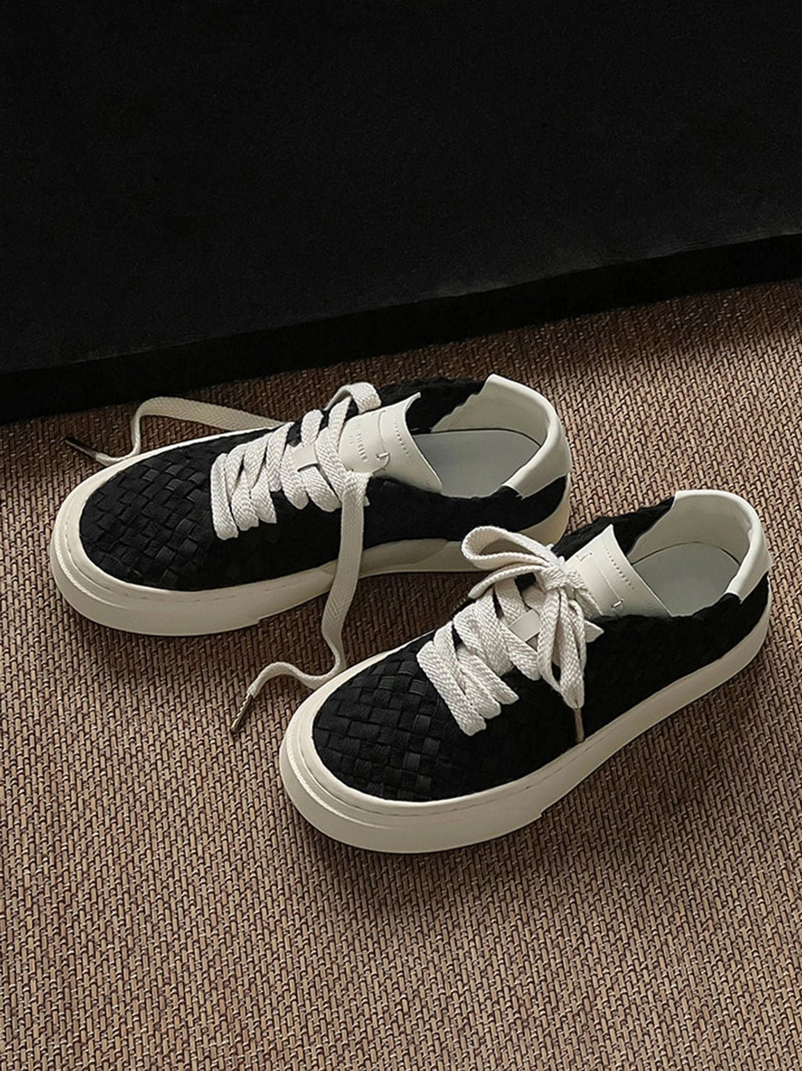 Woven platform sneakers with textured upper and contrast rubber sole detailed product view