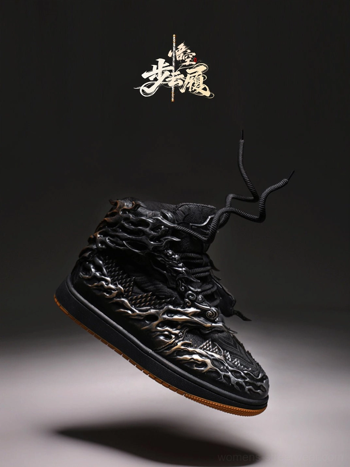 Floating side view of black and silver Wukong cloud relief high-top sneakers with sculpted Monkey King inspired artwork